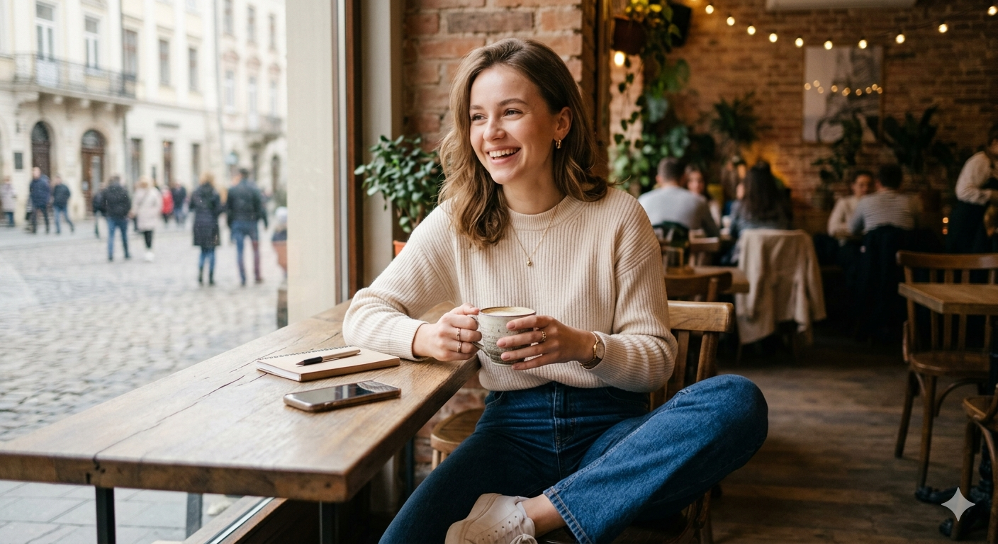 Casual AI фото дівчини в кафе — природний стиль нейрофотосесії для соцмереж